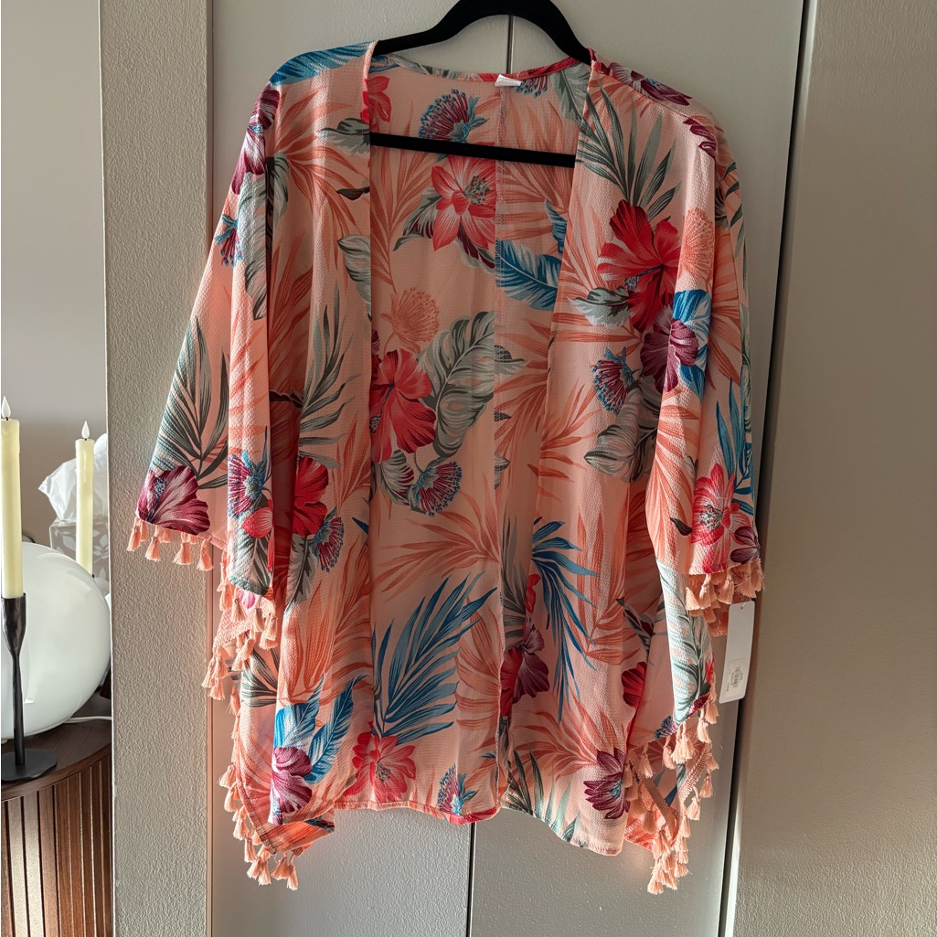 Kohl's Peach Floral Fringe Kimono With Teal Accents
